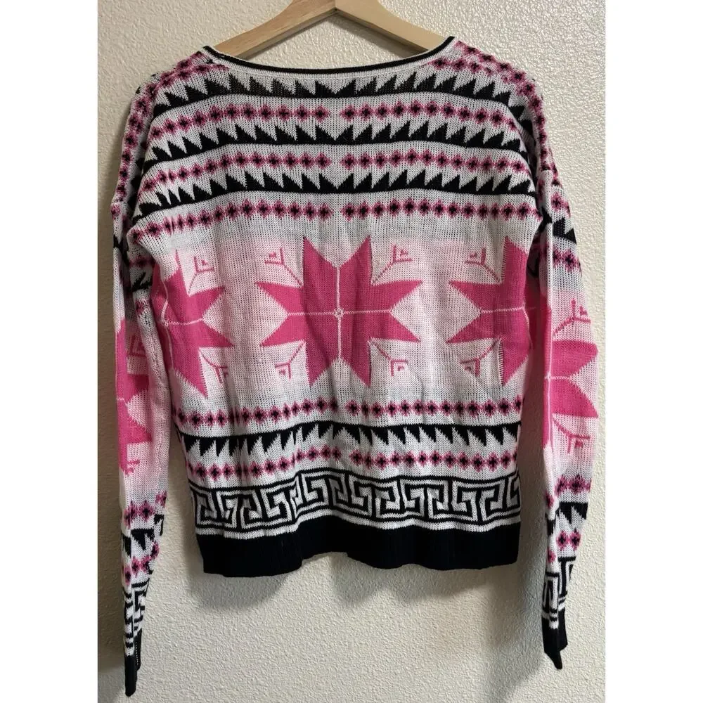 Knit Sweater Pink Aztec Nordic Design Size Small Lightweight Winter Layering - Picture 2 of 6